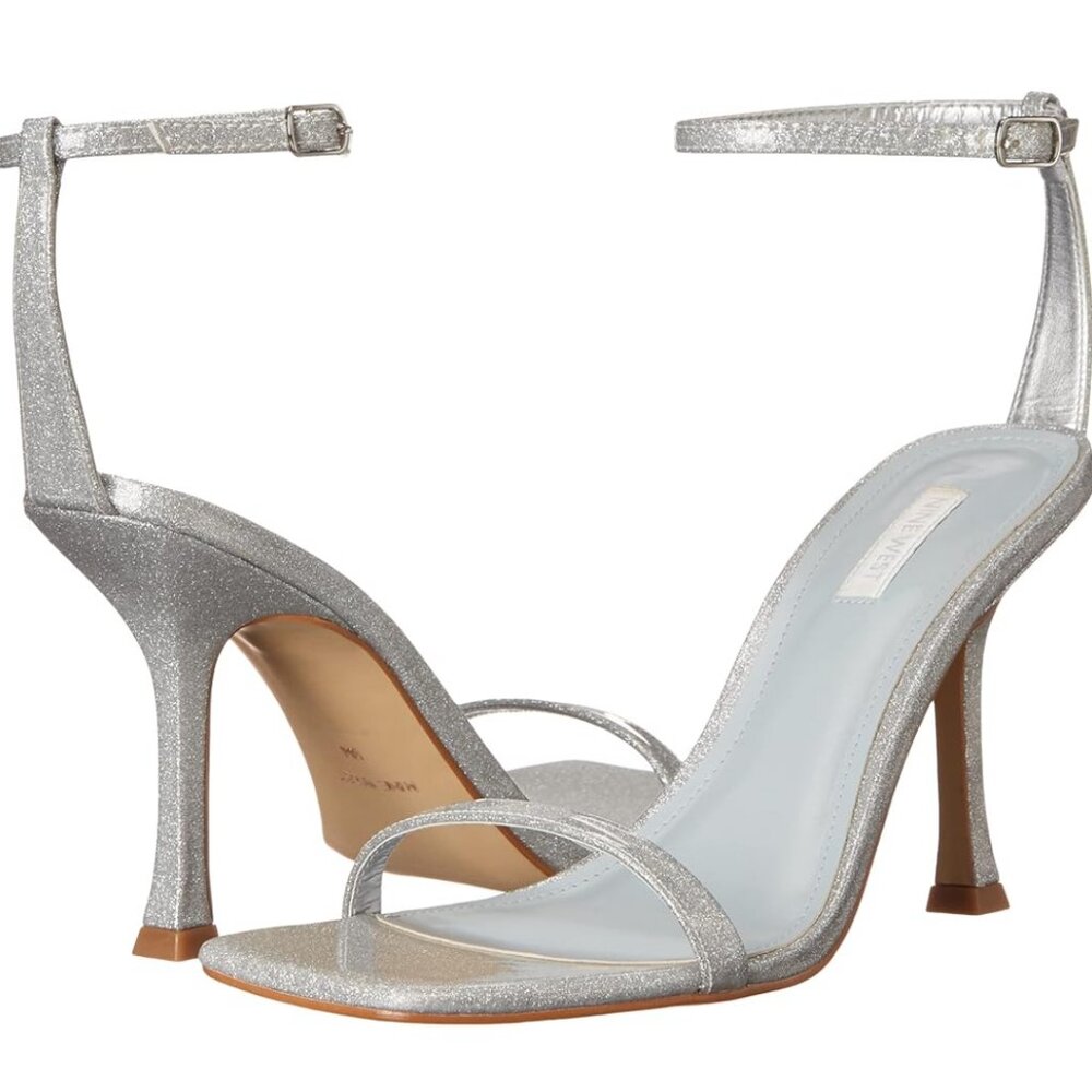 Nine West Women's Yess Ankle Strap Sandals - Silver Glitter Size 7.5 M Heels